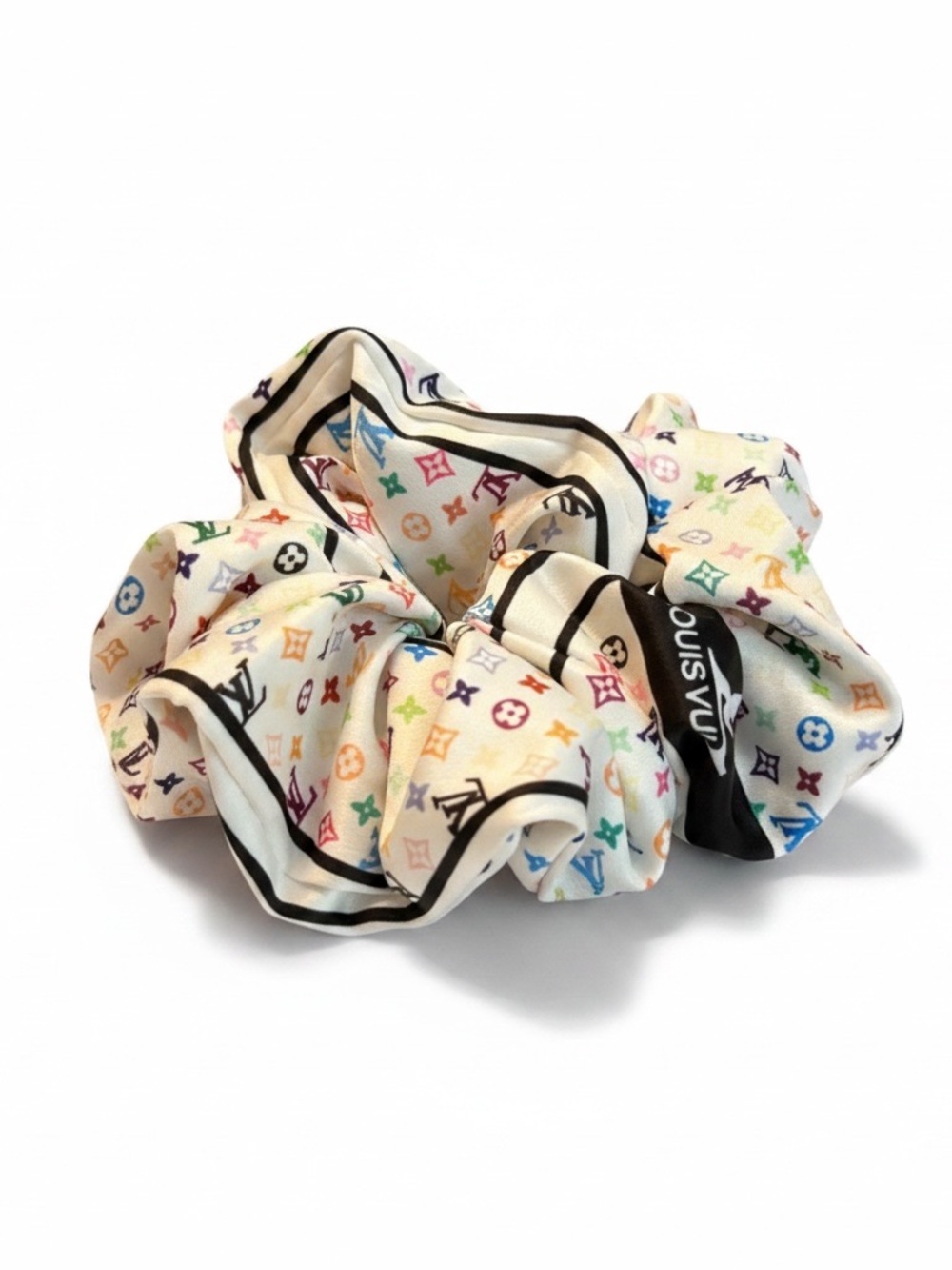 upcycled White Multicolor Monogram Scrunchie 100% silk new